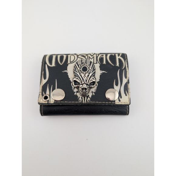 Godsmack Wallet Leather Black Silver Metal Skull Trifold 2008 Bioworld Y2K - Picture 1 of 10